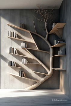 a tree shaped book shelf with books on it