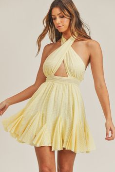 SPRING IS AROUND THE CORNER, DRESS THE PART!!! THIS IS EXACTLY WHAT YOU ARE LOOK!!! #womensclothing #fashionista #bohogirl #mable #hippievibetribe #party #hippiegirl #womenbusiness #spring #dresses FREE GIFT WITH PURCHASE!!! Also in Blue. Cheap Yellow Halter Neck Sundress, Spring Chic Halter Dress With Crisscross Straps, Chic Halter Dress With Crisscross Straps For Spring, Spring Halter Dress With Smocked Bodice, Chic Spring Halter Dress With Smocked Bodice, Spring Halter Neck Mini Dress With Smocked Back, Spring Mini Dress With Smocked Back And Halter Neck, Chic Gingham Dress With Ruched Detail, Chic Plaid Mini Dress For Beach