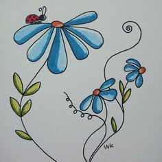 a drawing of blue flowers and a ladybug sitting on top of one flower