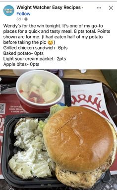 a tray with a sandwich, potato salad and apple slices on it is shown in an instagram for weight watcher easy recipes