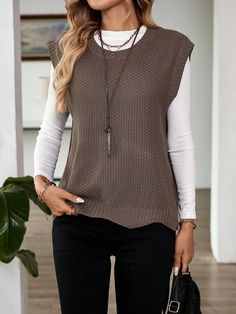 Café integral Casual Collar  Tela tejida Liso  Embellished Estiramiento medio Sweaters Vest, Coffee Sweater, Vest Sweater, Color Crew, Casual Wear Women, Slim Fit Top, Women Sweaters, Elegant Dresses Long