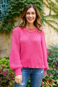 The Claim The Stage Knit Sweater In Hot Pink will create a chic look you'll love! This adorable knit features a round neckline, with balloon sleeves, relaxed fit bodice, a ribbed neckline, sleeve cuffs and hem. Prepare for this to become your new favorite sweater! Medium weight + Stretchy 100% Polyester Wash cold, hang dry True to size, relaxed fit *Measurements listed below are of the actual clothing item* S: Chest 42" Length 20" M: Chest 44" Length 21"L: Chest 46" Length 22"XL Chest 48" Length Spring Casual Sweater With Lantern Sleeves, Casual Lantern Sleeve Sweater For Spring, Casual Lantern Sleeve Spring Sweater, Spring Sweater With Balloon Sleeves, Knit Lantern Sleeve Sweater For Spring, Trendy Textured Knit Sweater With Balloon Sleeves, Trendy Textured Knit Balloon Sleeve Sweater, Casual Fall Knit Top With Balloon Sleeves, Casual Knit Top With Balloon Sleeves For Fall