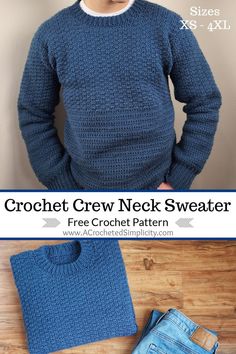 the crochet crew neck sweater pattern is shown in front of a pair of jeans