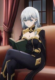 an anime character sitting on a couch reading a book