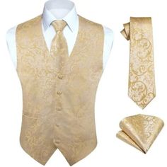 Brand New Paisley Waistcoat + Paisley Tie + Pocket Square. Same Design, Perfect Match. This Paisley Vest Is Well Made With High Quality Durable Material,Soft And Lightweight. No Fading, No Distortion, Anti-Wrinkle And Not Easy To Pilling. Vest Sizewaistcoat: 10 Optional Size; Tie Width: 3.4 Inches(8.5cm) & Tie Length: 59 Inches(150cm); Handkerchief Size: 12.2 Inches X 12.2 Inches(31cm X 31cm); Crafts: Jacquard Woven. Men's Other Listings: Men's Clothing, Accessories, Sunglasses, Wallets, Umbrell Brown Suit Gold Tie, White And Gold Tuxedo Wedding, White And Golden Suit, Gold Tuxedo Wedding, Gold Groom Suit, Gold Groomsmen Attire, Solangelo Wedding, Gold Tux, 1920s Mens Clothing