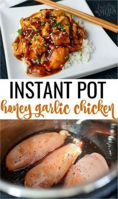 instant pot honey garlic chicken with rice and chopsticks