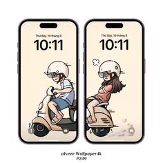 two cell phones with the same cartoon character on them, one is riding a scooter