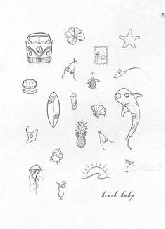 a drawing of various things on white paper