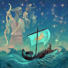 an image of a boat with people on it floating in the water and stars above