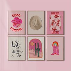 four square pictures with cowboy designs on them in pink and white, each featuring an image of a cowgirl