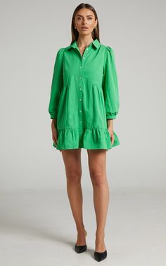 Maulee Frill Hem Mini Shirt Dress in Green | Showpo Tulle Dresses, Mini Shirt Dress, Dainty Earrings, Tulle Dress, Stylish Shirts, Ruffle Hem, Puff Sleeves, No Frills, Smocking