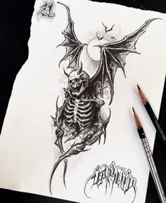 a drawing of a skeleton with a bat on it