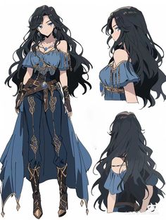 an anime character with long black hair and blue dress, standing in front of three different angles