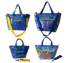 three different types of blue bags with yellow handles and straps, one in the shape of a tote bag