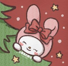 an image of a hello kitty with christmas tree on it's back ground and stars in the background