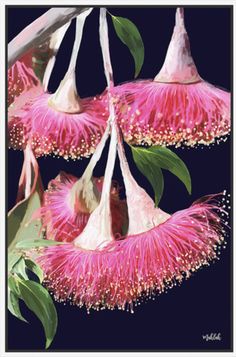 pink flowers with green leaves hanging from them