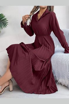 Pleated Half Button Long Sleeve Midi Dress - Casual & Maxi Dresses - FITGGINS Dirndl Outfit, Burgundy Midi Dress, Bandeau Tops, Wrap Around Dress, Button Long Sleeve, Mini Robes, Pleated Maxi Dress, Pleated Maxi, Pleated Midi Dress