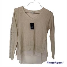 New Lucky Brand Shimmer Silver/Gold Beige/Cream Overlay Crochet Sweater Hilo Size Xs Neutral Sweater For Spring Layering, Neutral Spring Sweater For Layering, Trendy Neutral Spring Sweater, Trendy Spring Neutral Sweater, Overlay Crochet, Pink Tuxedo, Crochet Yoke, Wrap Front Top, Long Sleeve Wrap Top