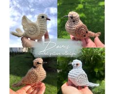 there are four small crocheted birds in different poses, each with an individual's finger