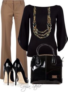 Black and Tan. Love everything EXCEPT the heels. Professional Chic, Tan Pants, Professional Attire, Stylish Work Outfits, Winter Outfits For Work, Work Outfits Women, Professional Outfits, Work Fashion