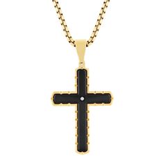 A two-piece black and gold-tone plated stainless steel jewelry set consisting of a diamond accent cross pendant and ID link bracelet. The cross pendant measures 58mm x 31.3mm, with a chain and lobster claw closure. The link bracelet measures 8.5in x 12.3mm, with a foldover clasp. Formal Cross-shaped Metal Jewelry, Stainless Steel Cross Jewelry With Box Chain, Black Cross Pendant For Formal Occasions, Elegant Black Crucifix Jewelry, Black Polished Cross Jewelry, Black Stainless Steel Cross Jewelry, Black Cross Necklace With Box Chain, Black Metal Cross Pendant Jewelry, Black Stainless Steel Cross Pendant Jewelry