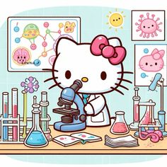 a hello kitty scientist in her lab holding a microscope and looking into the glass bottle