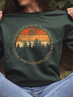 This retro sun and pines design if one of my best-sellers on a tshirt...so I've added sweatshirts and hoodies. I am in love with this design on forest green! Camping T Shirt, Lotr Shirt, Jesus Sweatshirts, Shirt Inspiration, Creative T Shirt Design, Retro Sun, Church Shirt, Tshirt Design Inspiration, Retro Sweatshirts