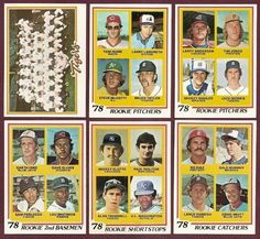 the baseball cards are showing different players and numbers on them, all in white caps