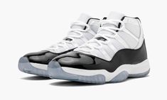 The Air Jordan 11 "Concord (2018)" marks the return of one of the most celebrated sneakers of all time.  The famous black and white Jordan 11 worn by Michael Jordan in 1995 and 1996 needs no introduction, but this latest edition does feature some details not seen on previous “Concord” retro releases.  The remastered construction features a higher cut to the black patent leather mudguard, as well as “45” — the uniform number Jordan initially wore when he returned from his first retirement in 1995 White Jordan 11, Air Jordan 11 Concord, Black And White Jordans, Jordan 11 Concord, All Jordans, White Jordans, Nike Air Jordan 11, Air Jordan 11 Retro, Womens Jordans