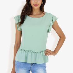 The Anna-Kaci Women's Flutter Sleeve Round Neck Blouse with Gathered Waist is the perfect blend of comfort and style. Made from a soft and breathable fabric, this blouse features delicate flutter sleeves and a round neckline that add a feminine touch to your look. The gathered waist creates a flattering silhouette, making it an ideal choice for both casual and dressy occasions. Whether paired with jeans for a relaxed day out or dressed up with a skirt for a more polished appearance, this versati Green Butterfly Sleeve Tops For Spring, Summer Solid Color Tops With Butterfly Sleeves, Solid Color Spring Tops With Ruffle Hem, Spring Solid Color Tops With Ruffle Hem, Summer Butterfly Sleeve Top With Ruffle Hem, Solid Color Flutter Sleeve Tops For Summer, Green Fitted Top With Ruffle Sleeves, Green Flowy Ruffled Blouse, Flowy Green Blouse With Flutter Sleeves