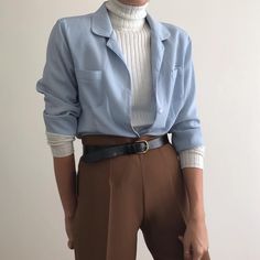 90s vintage baby blue blouse. Will fit S/L depending on styling. €28+shipping. Styled with ‘90s caramel high waisted trousers. Never worn, Brown With Blue Outfit, Blue Outfits Casual, Blue Shirt Outfits Women, Blue Brown Outfit, High Waisted Outfit, Blue And Brown Outfit, Outfit Essentials, Blue Clothing, Mode Chanel