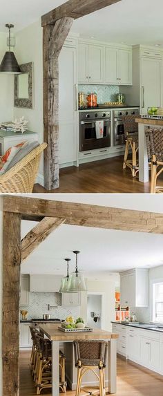 the kitchen and dining room are separated by an open floor plan, with exposed beams