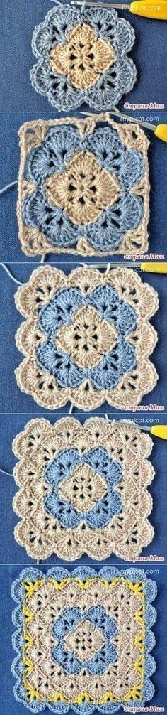 four crocheted doily on a blue table cloth with yellow yarn in the middle