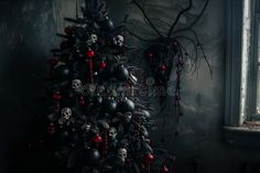 Medium shot, , spooky Christmas tree decorated with dark, gothic ornaments like royalty free stock image Spooky Christmas Tree, Red Garland, Christmas Tree Decorated, Scary Christmas, Spooky Christmas, Gothic Christmas, Christmas Desktop, Like Photo, Dark Gothic