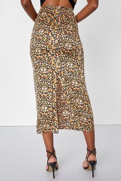 Every outfit is sure to become a little extra chic when you incorporate the Lulus Elevated Choice Black Floral Print Satin Midi Skirt! Sleek woven satin, with a darling floral print throughout, shapes this on-trend skirt that has a high waist and strategic side ruching, finishing at a cute midi hem. Kick pleat at back. Hidden zipper/clasp at side. Fit: This garment fits true to size. Length: Mid-calf length. Size small measures 35" from waist to hem. Waist: Fitted - elastic waist allows stretch. Fitted Rayon Midi Skirt, Fitted Midi Length Rayon Skirt, Fitted Rayon Skirt For Day Out, Rayon Skirt For Workwear In Spring, Spring Date Night Lined Pencil Skirt, Spring Midi Pencil Skirt For Date Night, Stretch Midi Skirt With Floral Print, Rayon Skirt For Brunch, Spring Workwear Rayon Skirt