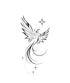 a black and white drawing of a bird with stars