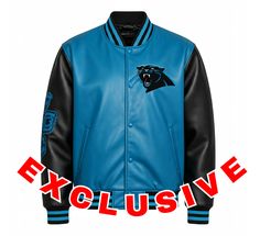 a blue and black leather jacket with the panther logo on it