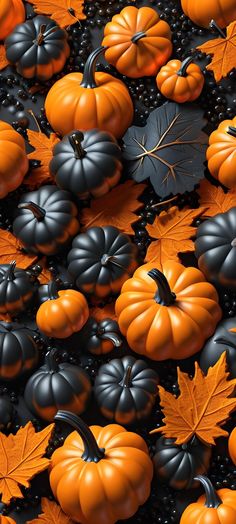 an array of pumpkins and blackberries are arranged in the shape of autumn leaves