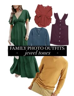 four different styles of dresses with the words family photo outfits jewel tones in black, red, yellow and green