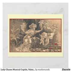 an old fashioned card with angels and children in the woods, one holding a guitar