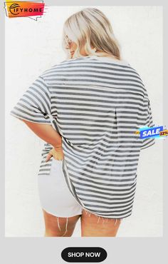 Plus Size Striped Short Sleeve Henley Tee Striped Oversized Top For Day Out, Gray Shirttail Hem Top For Spring, Spring Striped Tops With Shirttail Hem, Striped Top With Shirttail Hem For Summer, Striped Crew Neck Top For Day Out, Striped Relaxed Fit Tops For Day Out, Relaxed Fit Striped Tops For Day Out, Casual Gray Blouse For Day Out, Oversized Striped Short Sleeve Blouse