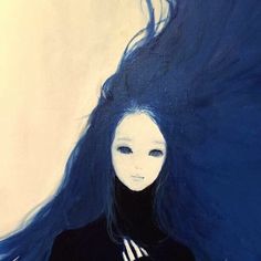 a painting of a woman with long blue hair and white face, wearing a black shirt