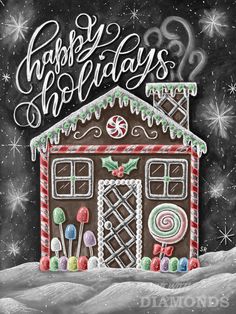 a christmas card with a gingerbread house and candy canes