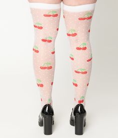 Get ready to rock the cutest and most whimsical accessory ever! These delightful socks are made from sheer white material, adorned with playful polka dots and adorable cherries scattered all over.Available while supplies last. Cute Knee-high Socks For Spring, Cute Knee-high Spring Stockings, Cute White Legwear For Spring, Cute Fitted Spring Legwear, White Thigh High Socks For Summer, White Thigh-high Socks For Summer, Cute Fitted Legwear For Spring, Fitted Cute Legwear For Spring, Cute Fitted Knee-high Stockings