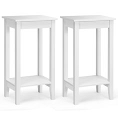 two white side tables sitting next to each other on a white surface with no one in it