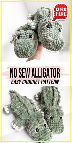 crocheted alligator slippers are shown with the text, no sew alligator easy crochet pattern