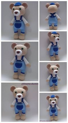 four pictures of teddy bears wearing overalls and hats