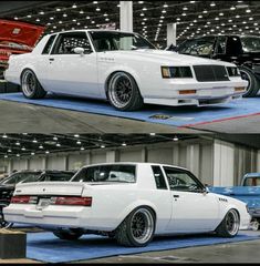 two pictures of the same white car in different stages of being displayed at an automobile show