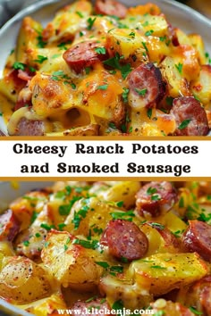 cheesy ranch potatoes and smoked sausage in a white bowl with parsley on top