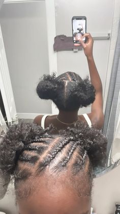 Cornrow with space buns🤭 Cornrow Bun Natural Hair, Quick Short 4c Hairstyles, Plating Hair Hairstyles, Cute Natural Hairstyles For Black Women Braids Cornrows, Corn Row Natural Hairstyles, Bun Black Hairstyles, Hairstyles With Short Natural Hair, Short Natural Hair With Headband, Braids And Space Buns